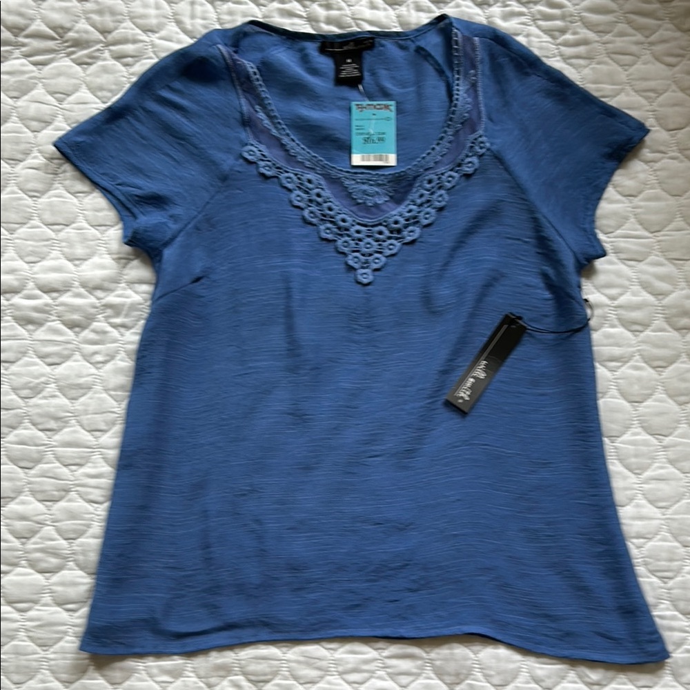 NWT Willi Smith Royal Blue Embellished BoHo Short Sleeve Blouse Size M